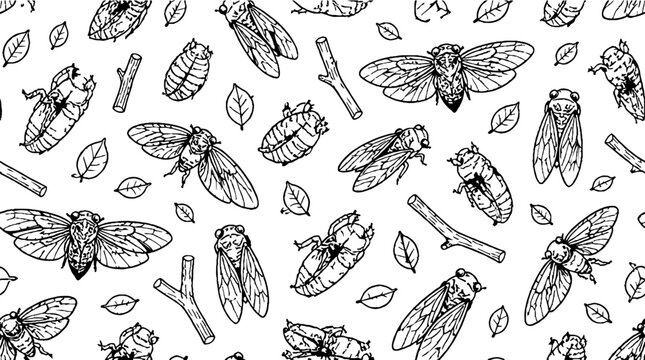 Detailed black and white cicada insect pattern design.