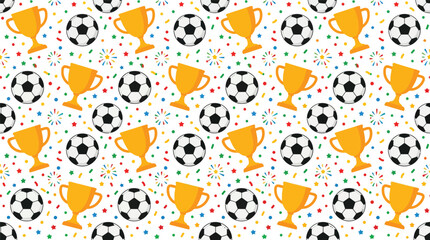 Obraz premium Seamless graphic pattern with soccer balls and trophies in bright yellow and black motifs.