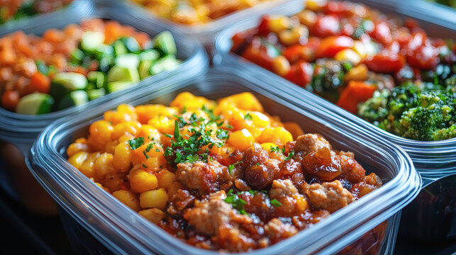 A close up of a meal prep container filled with date based ingredients including corn chunks meatballs and fresh herbs surrounded by other colorful healthy prepped meals in clear containers ready for