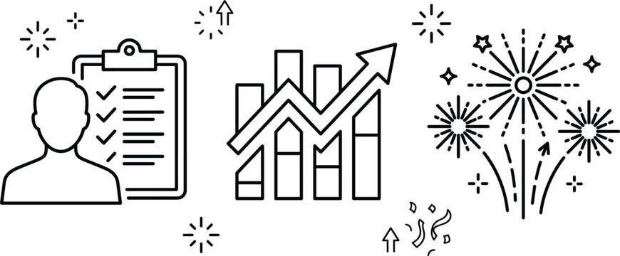 Business success and achievement line icon set featuring clipboard task check list financial growth chart and fireworks celebration