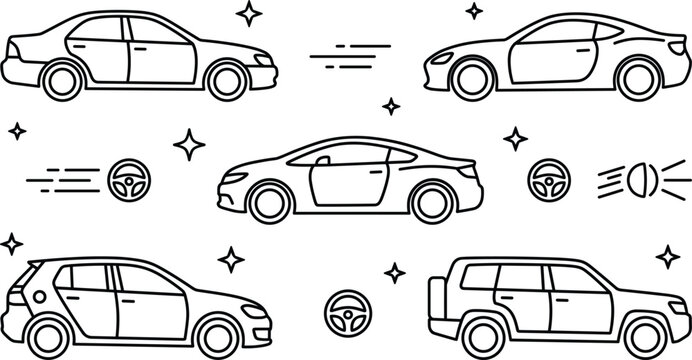 Car line art silhouette collection featuring sedan sports car hatchback suv steering wheel and fast vehicle outline symbols