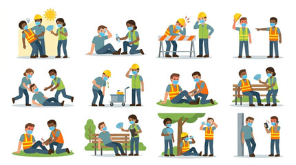 Fototapeta premium Diverse construction workers in safety vests and masks receive first aid and hydration during outdoor work, depicting heatstroke prevention and teamwork on sunny days