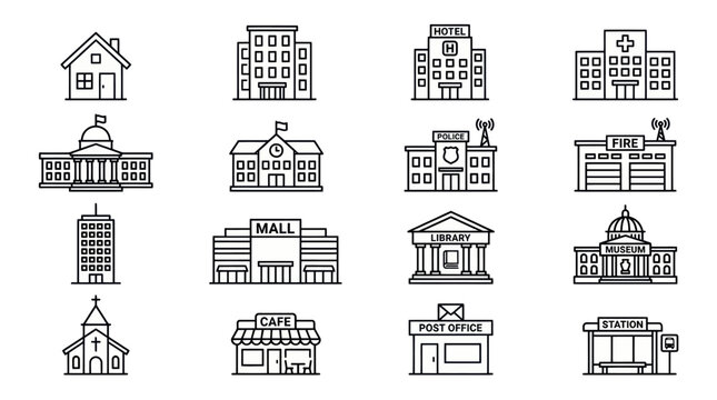 Architecture and public building outline icon set.
