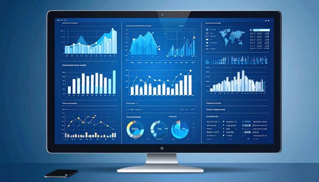 Computer monitor showing professional business data analytics dashboard.
