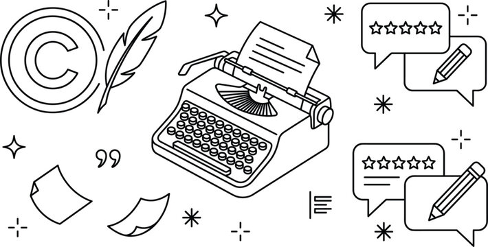 Creative writing and copywriting line icon set featuring vintage typewriter quill pen copyright symbol review stars and pencils