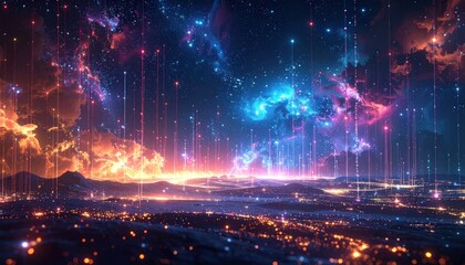 Fototapeta premium Cosmic nebula over a technological digital horizon.