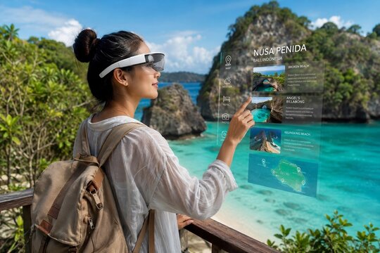 woman wearing augmented reality glasses looking at virtual travel information
