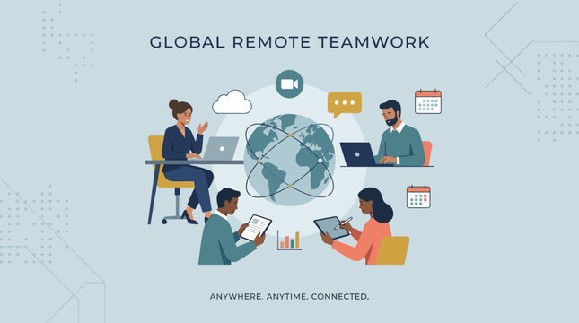 Global remote teamwork concept with diverse people working together online