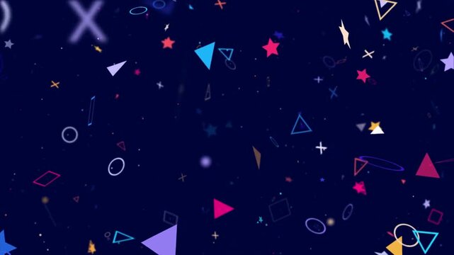 Colorful geometric shapes on dark background.