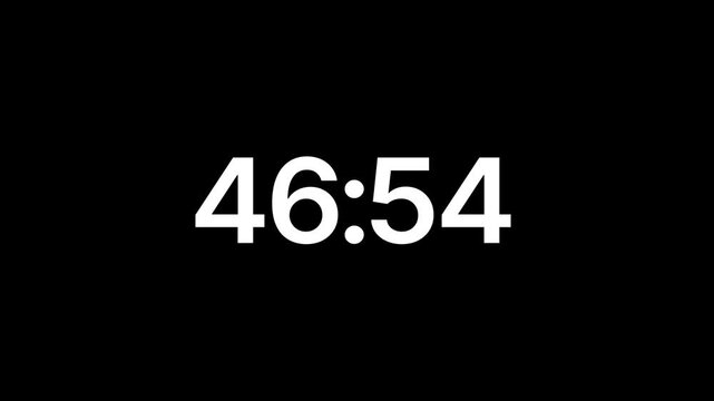 47 minute from to 46 minute Countdown time on black background. Countdown timer with alpha channel animation.,productivity, deadlines,presentations.