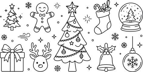 Festive Christmas holiday line icon set featuring decorated trees gingerbread man reindeer stocking snow globe gift box and bell © S O H A G