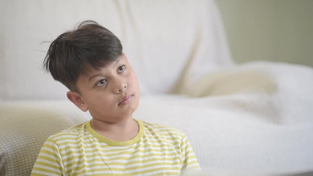 Smart Asian schoolboy thinking deeply about academic study problem and smiling brightly with new thought. Cheerful preteen pupil experiencing successful educational innovation