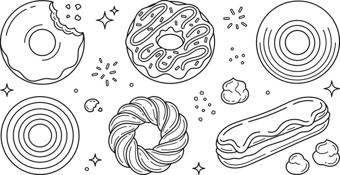 Minimalist bakery line icon set featuring glazed donuts with sprinkles bitten doughnut French cruller eclair and cream puffs