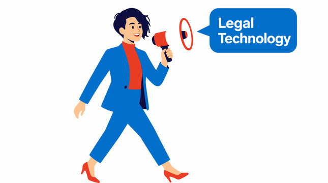 Woman in blue suit holding megaphone for legal technology.
