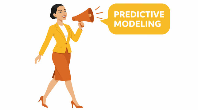 Businesswoman using megaphone for predictive modeling announcement.