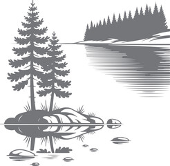 Naklejka premium Pine trees by serene lake with reflection of forest on water representing wilderness tranquility and natural beauty.