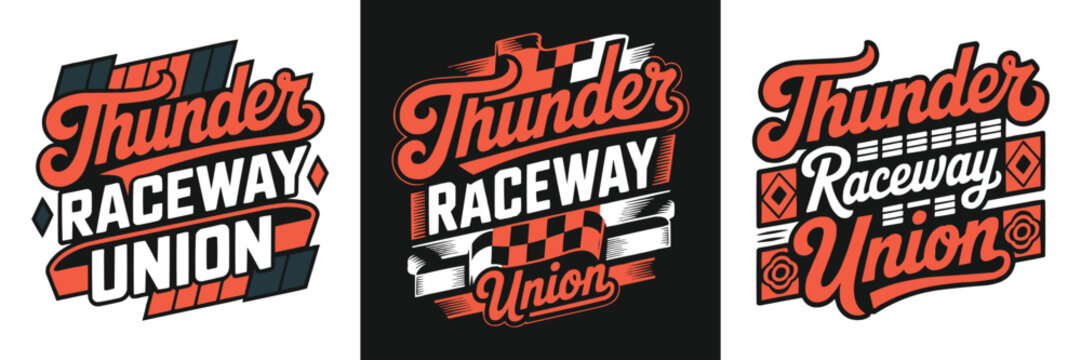 Three retro style thunder raceway union logo designs for apparel