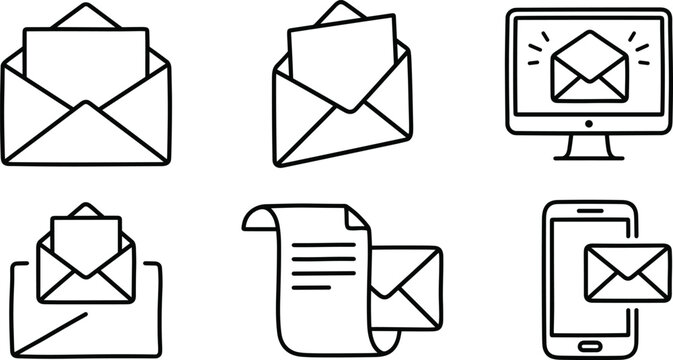Minimalist communication line icon set featuring envelopes letters computer screen mobile phone message document scroll email digital delivery