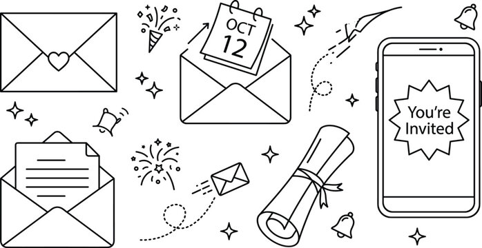 Minimalist event invitation line icon set featuring envelopes love letter smartphone digital evite calendar scroll and celebration fireworks