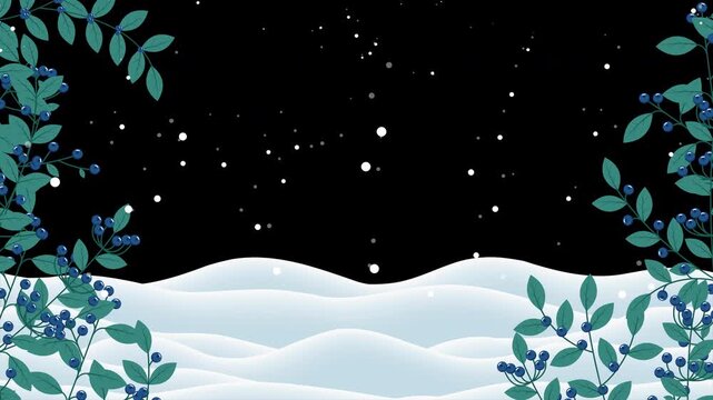 Winter background with branches and berries animation. Falling snow with snowflakes. Winter snowy background for banner, poster, wallpaper, greeting card, advertising