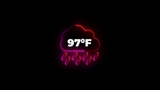 Glowing neon cloud icon with 97 degrees Fahrenheit temperature on dark background. Weather Cloud icon animation degree of Fahrenheit.