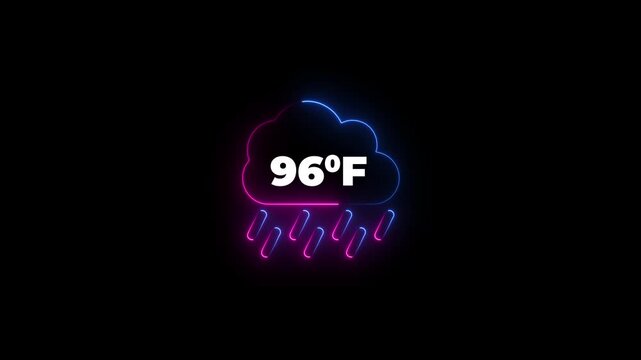 Glowing neon cloud icon with 96 degrees Fahrenheit temperature on dark background. Weather Cloud icon animation degree of Fahrenheit.