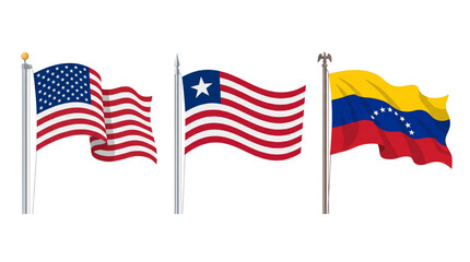 Obraz premium Three Waving National Flags of the United States, Liberia, and Venezuela on Silver Poles Isolated on White Background