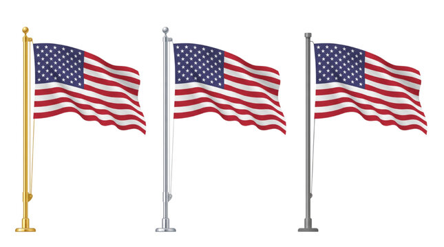 Three Waving American Style National Flags Mounted on Different Metal Poles Isolated on a White Background