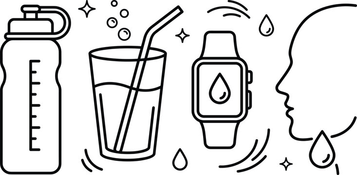 Minimalist hydration and water intake line icon set featuring reusable bottle glass with straw smartwatch tracker human profile