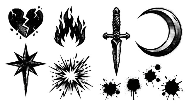 Collection of Gothic Style Tattoo Elements Featuring Cracked Hearts Flames Daggers and Celestial Symbols