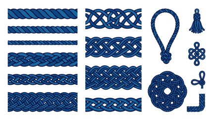 Collection of Blue Nautical Rope Borders Braids and Decorative Ornamental Knots for Marine Design Elements © Rishi
