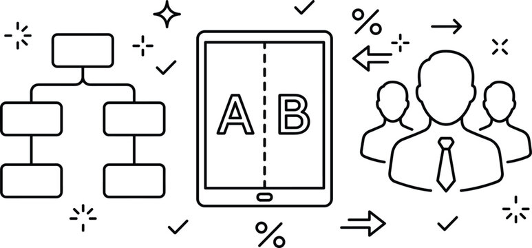 Minimalist marketing line icon set featuring sitemap flowchart digital tablet showing ab split testing and target user group