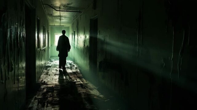 Abandoned Hospital Corridor with Ghostly Figures and Chilling Cinematic Mood