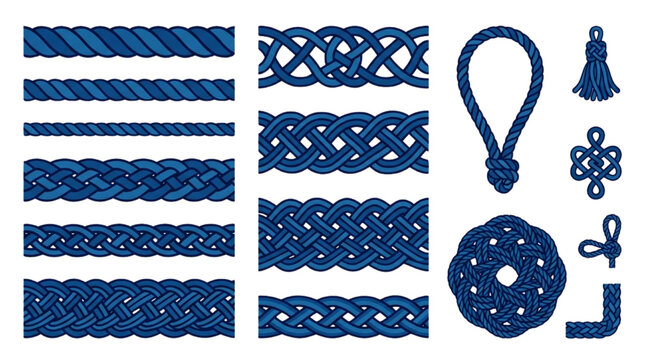 Collection of Blue Nautical Rope Borders Braids and Decorative Ornamental Knots for Marine Design Elements