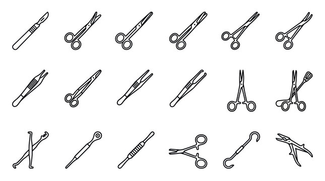 Surgical medical instruments collection line icons.