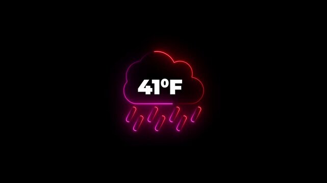 Glowing neon cloud icon with 41 degrees Fahrenheit temperature on dark background. Weather Cloud icon animation degree of Fahrenheit.