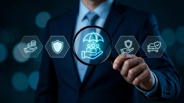 Businessman examining holographic insurance and protection icons with magnifying glass - family coverage, auto insurance, financial security, and risk management concept