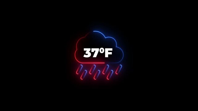 Glowing neon cloud icon with 37 degrees Fahrenheit temperature on dark background. Weather Cloud icon animation degree of Fahrenheit.