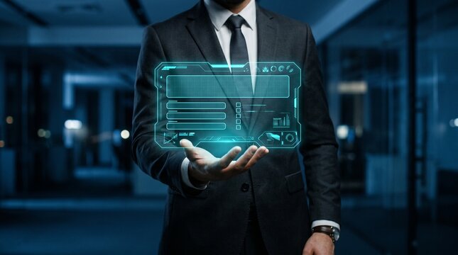 Businessman holding holographic futuristic interface dashboard - digital transformation, augmented reality, business technology, data visualization, and UIUX innovation concept