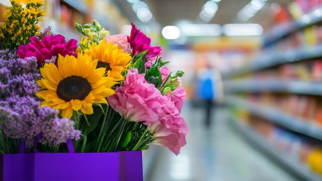 Colorful Flower Bouquet Featuring Sunflowers and Fresh Blooms in a Retail Store