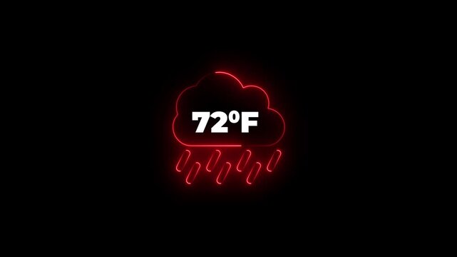 Glowing neon cloud icon with 72 degrees Fahrenheit temperature on dark background. Weather Cloud icon animation degree of Fahrenheit.