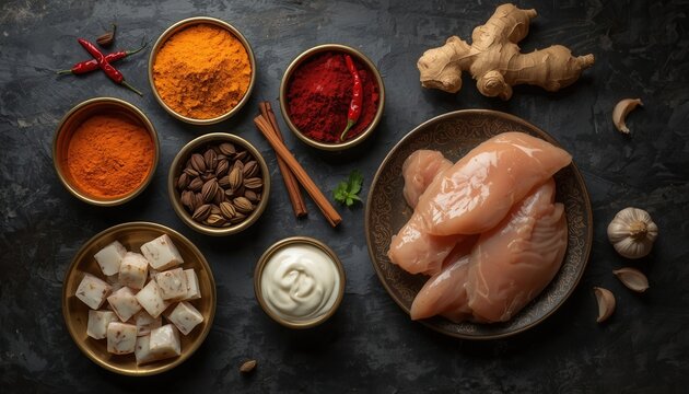 Chicken Curry Ingredients: An overhead view showcases the vibrant spices, fresh ginger, garlic, chicken breast, and root vegetables meticulously arranged, ready to create a flavorful chicken curry.