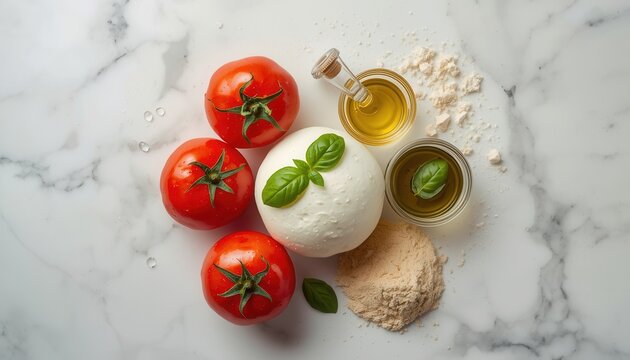Pizza Ingredients Delight: A vibrant overhead shot showcases fresh ingredients for a delicious pizza, including ripe tomatoes, creamy mozzarella, aromatic basil, olive oil, and flour.