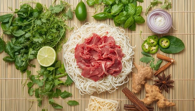 Pho ingredients neatly arranged: A vibrant overhead shot showcasing fresh ingredients for a delicious bowl of pho, including raw beef, noodles, herbs, spices, and vegetables, ready for preparation.