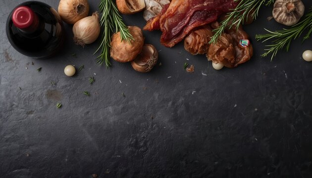 Gourmet Ingredients for Culinary Excellence: A collection of high-quality ingredients, including a bottle of red wine, fresh garlic, onions, herbs, and raw meat.