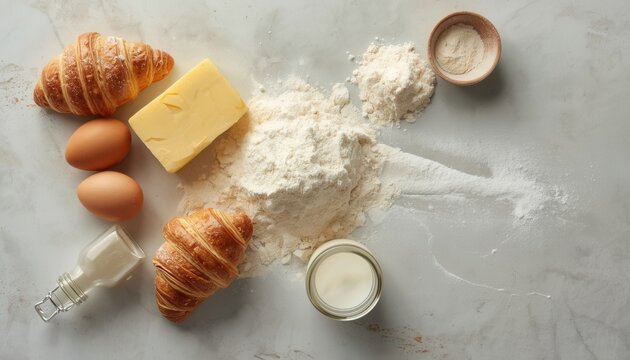 Baking Ingredients Overhead Shot: A delightful overhead view showcases essential ingredients for baking, including flaky croissants, fresh eggs, a block of butter, flour, yeast, and milk.