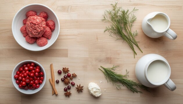 Cooking Ingredients Assortment: A delightful spread of fresh ingredients, including raw ground meat, vibrant cranberries, aromatic spices like cinnamon and star anise, creamy butter, and fresh dill.