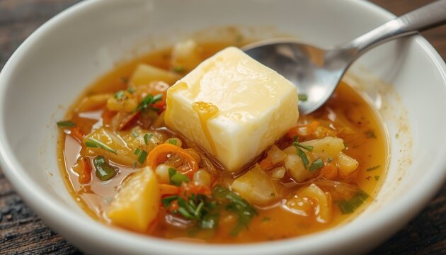 Hearty Root Vegetable Stew: A rich, warming stew with chunks of root vegetables and a creamy dollop of topping, ready to be enjoyed with a spoon.