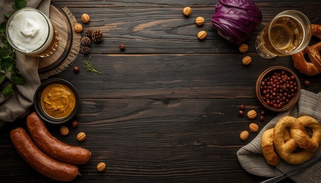 Hearty Oktoberfest Spread: A rustic arrangement of German delicacies, including sausages, pretzels, mustard, and cabbage, is presented on a dark wooden table, evoking a festive autumn gathering.