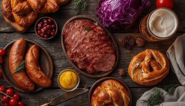 Rustic Feast: A delectable spread of traditional German food, featuring savory sausages, hearty pretzels, rich sliced meat, and vibrant cranberries, arranged invitingly on a rustic wooden table.